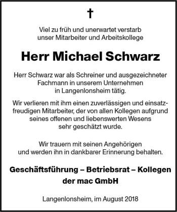 Traueranzeige von Michael Schwarz von vrm-trauer