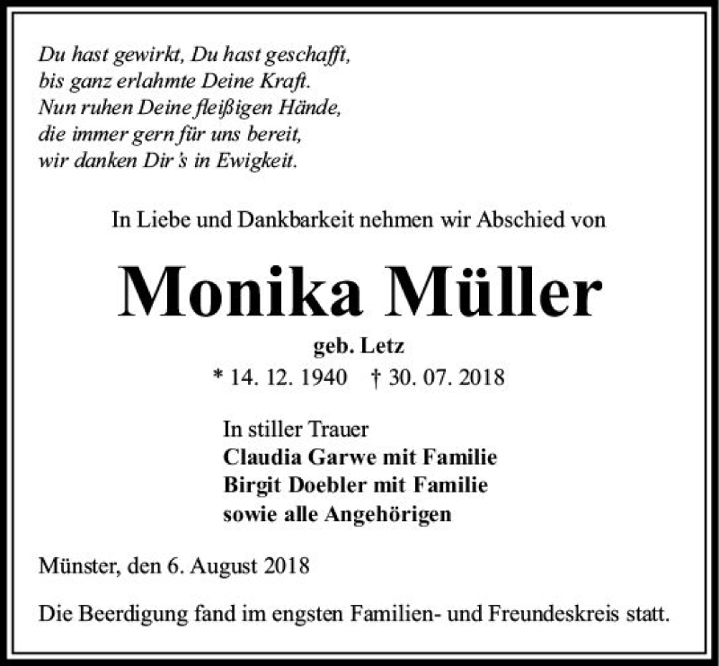  Traueranzeige für Monika Müller vom 06.08.2018 aus  Gießener Anzeiger