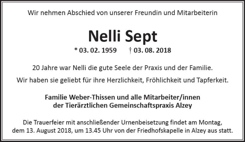  Traueranzeige für Nelli Sept vom 08.08.2018 aus vrm-trauer