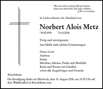 Traueranzeige von Norbert Alois Metz von vrm-trauer