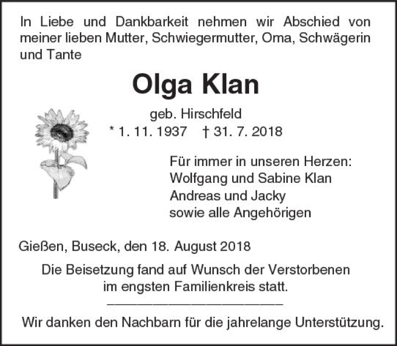  Traueranzeige für Olga Klan vom 18.08.2018 aus  Gießener Anzeiger