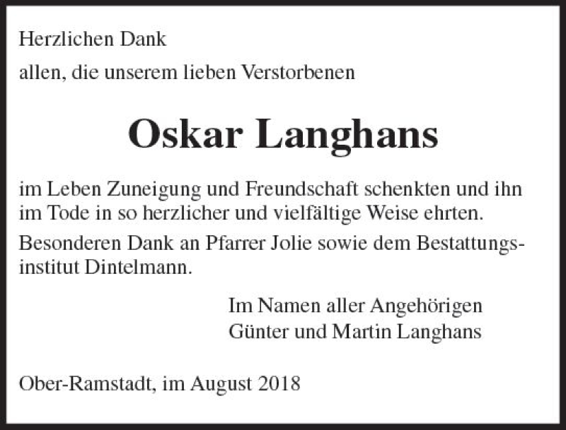  Traueranzeige für Oskar Langhans vom 11.08.2018 aus vrm-trauer