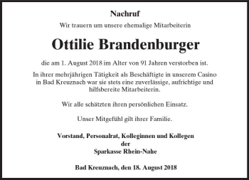 Traueranzeige von Ottilie Brandenburger von vrm-trauer