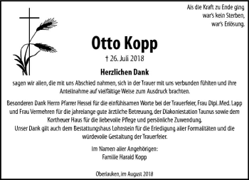Traueranzeige von Otto Kopp von  Usinger Anzeiger