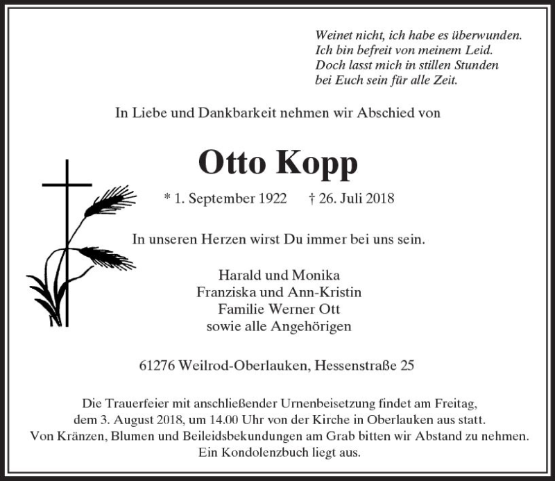  Traueranzeige für Otto Kopp vom 01.08.2018 aus  Usinger Anzeiger