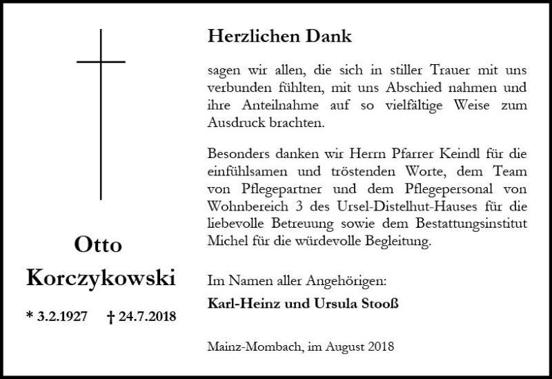 Traueranzeige für Otto Korczykowski vom 18.08.2018 aus vrm-trauer