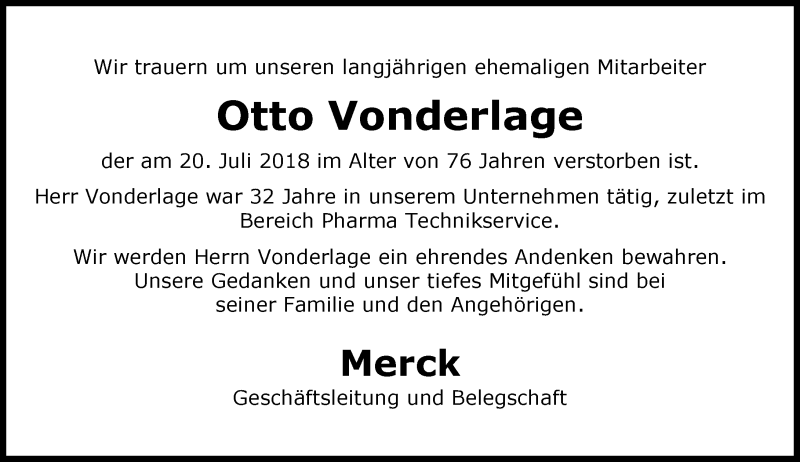  Traueranzeige für Otto Vonderlage vom 03.08.2018 aus vrm-trauer