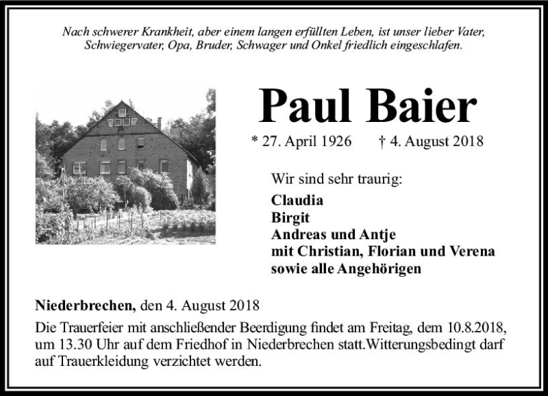  Traueranzeige für Paul Baier vom 09.08.2018 aus  Camberger Anzeiger