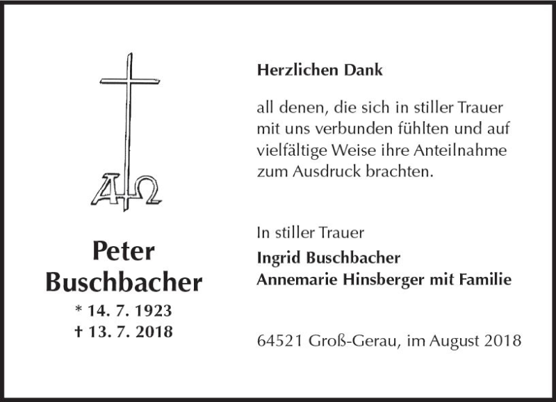  Traueranzeige für Peter Buschbacher vom 04.08.2018 aus vrm-trauer