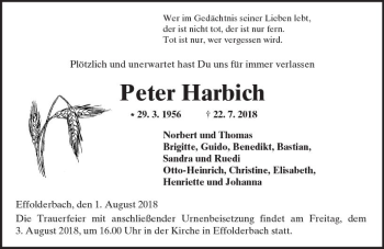 Traueranzeige von Peter Harbich von  Kreisanzeiger