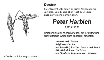 Traueranzeige von Peter Harbich von  Kreisanzeiger