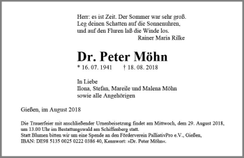 Traueranzeige von Peter Möhn von  Gießener Anzeiger