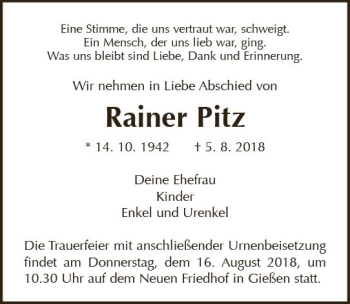 Traueranzeige von Rainer Pitz von  Gießener Anzeiger