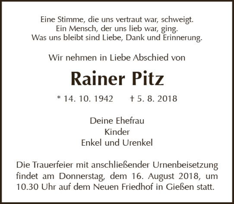  Traueranzeige für Rainer Pitz vom 11.08.2018 aus  Gießener Anzeiger