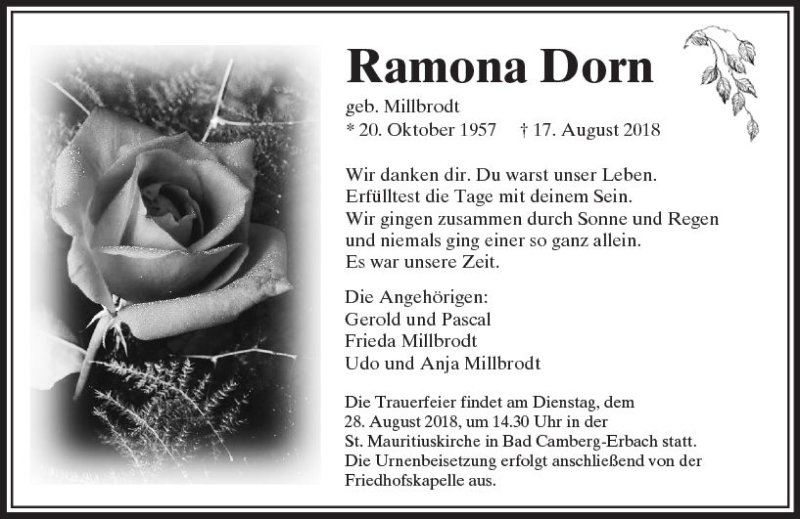  Traueranzeige für Ramona Dorn vom 23.08.2018 aus  Camberger Anzeiger