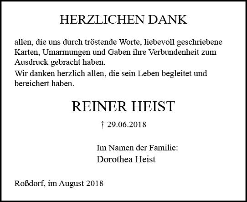  Traueranzeige für Reiner Heist vom 18.08.2018 aus vrm-trauer