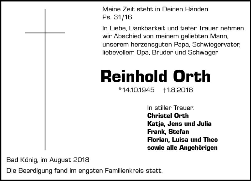  Traueranzeige für Reinhold Orth vom 15.08.2018 aus vrm-trauer