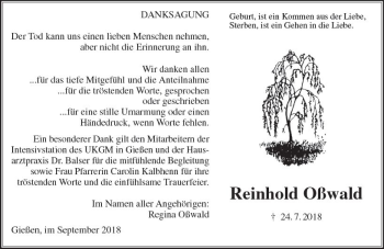 Traueranzeige von Reinhold Oßwald von  Gießener Anzeiger