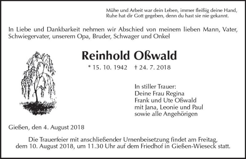  Traueranzeige für Reinhold Oßwald vom 04.08.2018 aus  Gießener Anzeiger