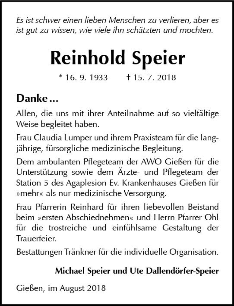  Traueranzeige für Reinhold Speier vom 04.08.2018 aus  Gießener Anzeiger