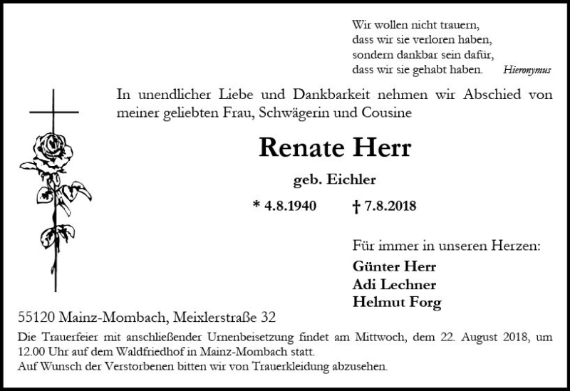  Traueranzeige für Renate Herr vom 18.08.2018 aus vrm-trauer