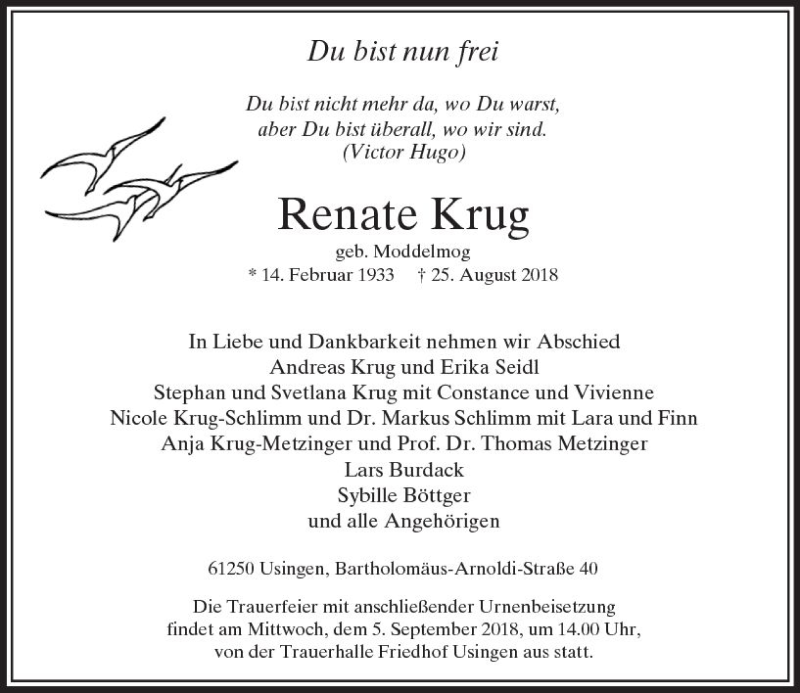  Traueranzeige für Renate Krug vom 01.09.2018 aus  Usinger Anzeiger