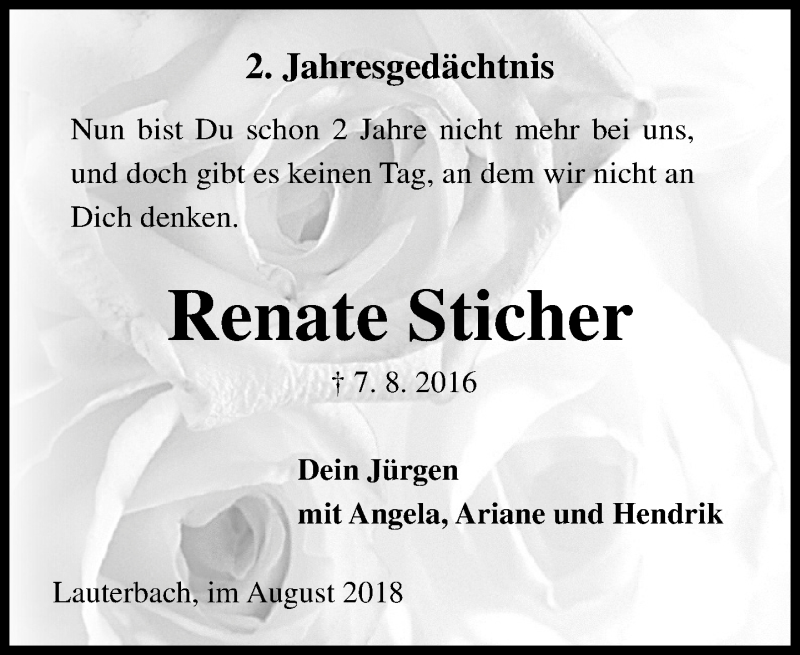  Traueranzeige für Renate Sticher vom 07.08.2018 aus VRM Trauer
