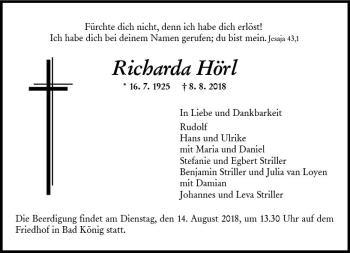 Traueranzeige von Richarda Hört von vrm-trauer