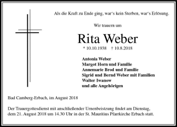 Traueranzeige von Rita Weber von  Camberger Anzeiger