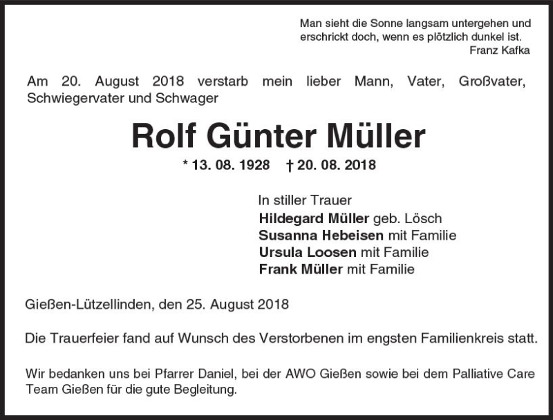  Traueranzeige für Rolf Günter Müller vom 25.08.2018 aus  Gießener Anzeiger