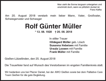 Traueranzeige von Rolf Günter Müller von  Gießener Anzeiger
