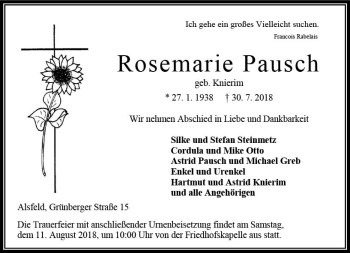 Traueranzeige von Rosemarie Pausch von VRM Trauer