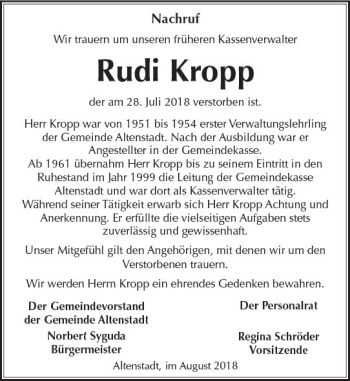 Traueranzeige von Rudi Kropp von  Kreisanzeiger