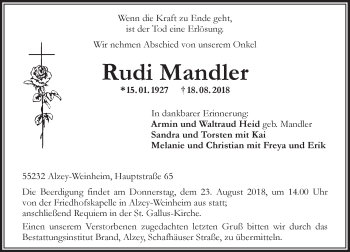 Traueranzeige von Rudi Mandler von vrm-trauer