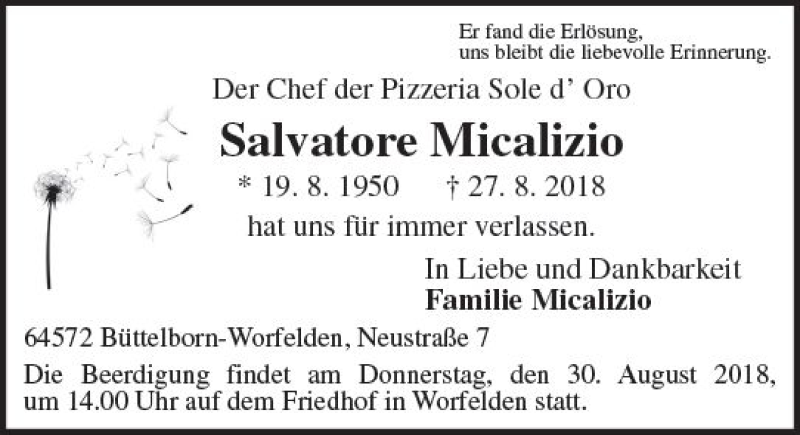  Traueranzeige für Salvatore Micalizio vom 29.08.2018 aus vrm-trauer