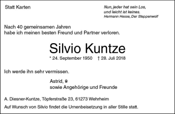 Traueranzeige von Silvio Kuntze von  Usinger Anzeiger