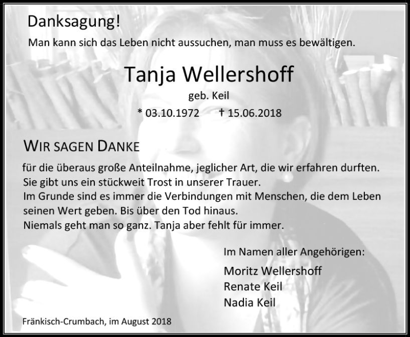  Traueranzeige für Tanja Wellershoff vom 24.08.2018 aus vrm-trauer