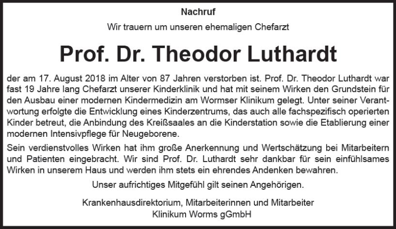  Traueranzeige für Theodor Luthardt vom 25.08.2018 aus vrm-trauer