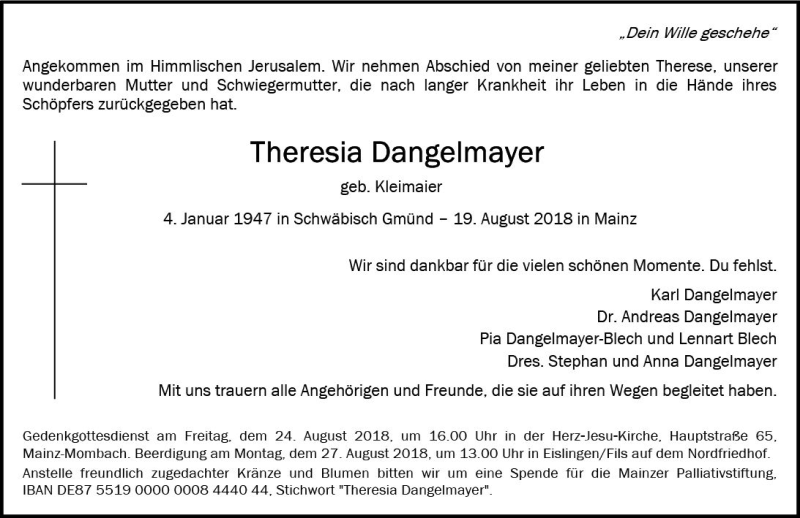  Traueranzeige für Theresia Dangelmayer vom 22.08.2018 aus vrm-trauer