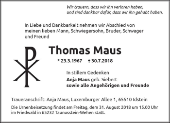 Traueranzeige von Thomas Maus von vrm-trauer