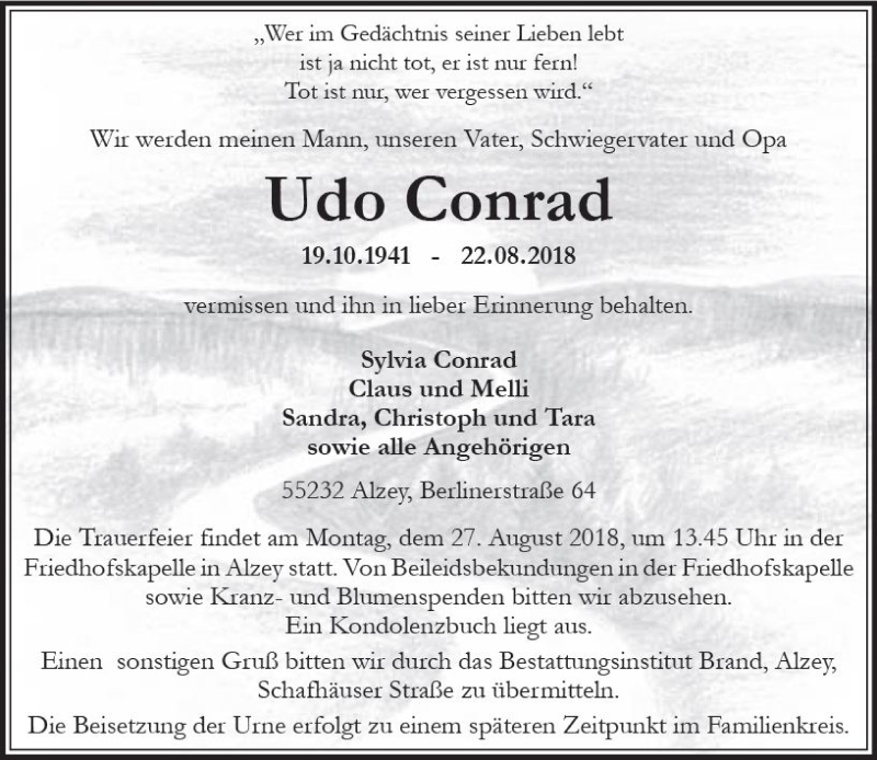  Traueranzeige für Udo Conrad vom 24.08.2018 aus vrm-trauer