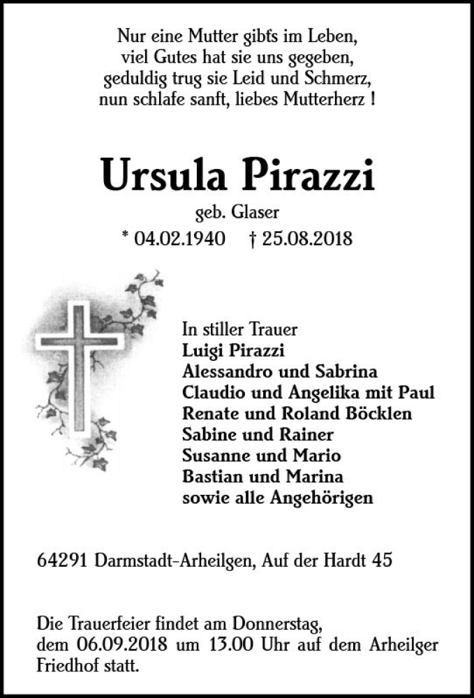  Traueranzeige für Ursula Pirazzi vom 01.09.2018 aus vrm-trauer