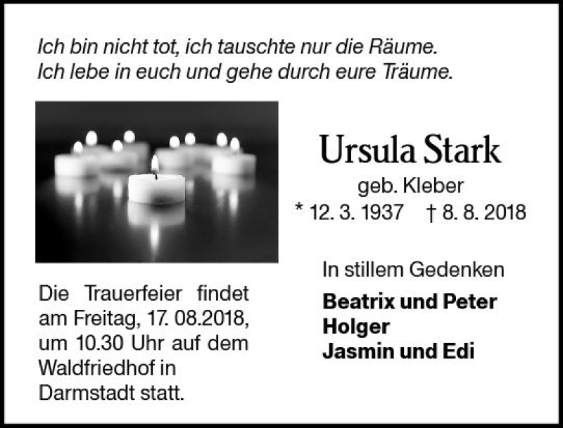  Traueranzeige für Ursula Stark vom 11.08.2018 aus vrm-trauer