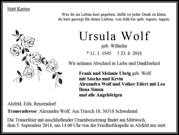 Traueranzeige von Ursula Wolf von VRM Trauer