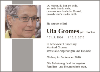 Traueranzeige von Uta Gromes von  Gießener Anzeiger