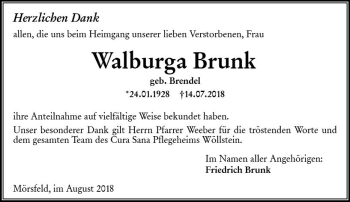 Traueranzeige von Walburga Brunk von vrm-trauer