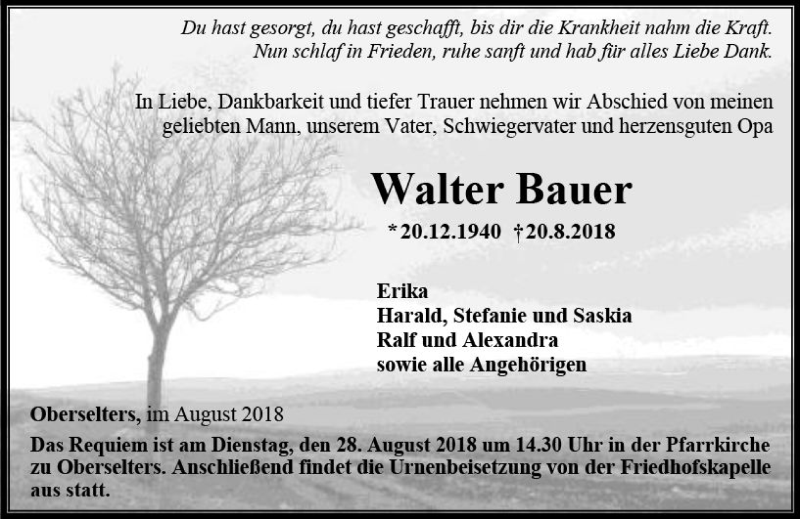  Traueranzeige für Walter Bauer vom 23.08.2018 aus  Camberger Anzeiger
