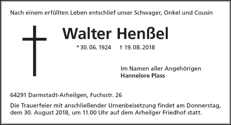  Traueranzeige für Walter Henßel vom 25.08.2018 aus vrm-trauer