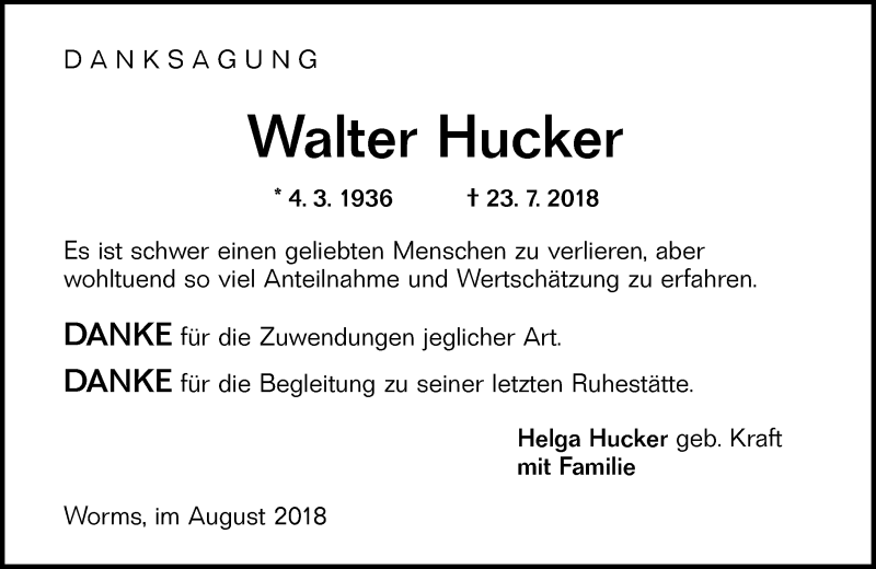  Traueranzeige für Walter Hucker vom 17.08.2018 aus vrm-trauer