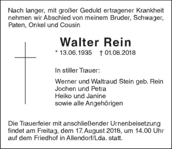 Traueranzeige von Walter Rein von  Gießener Anzeiger